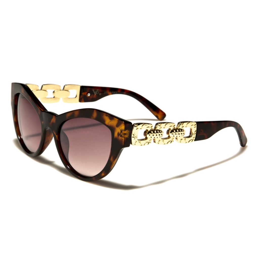 Oversize Cat Eye Chain Temple Sunglasses Brown Gold Textured